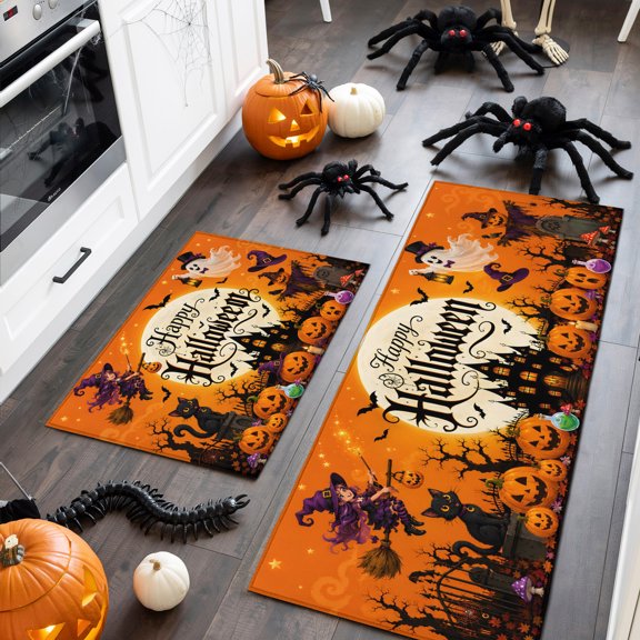 Kitchen Rugs and Mats Set of 2,Happy Halloween Text Witch Flying Slip-proof Floor Mat Cushioned Doormat Grinning Pumpkins Area Runner Rug for Kitchen,Bathroom,Living Room,Entryway Decor