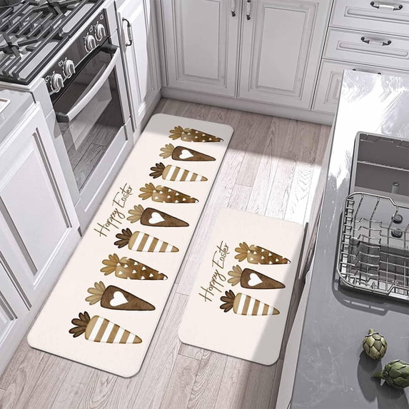 Kitchen Rugs and Mats Set of 2 Non-Slip Area Runner Retro Watercolor Love Heart Carrot Easter Standing Doormats Absorbent Soft Floor Carpet for Bedroom Bathroom Front of Sink Brown Wood Grain