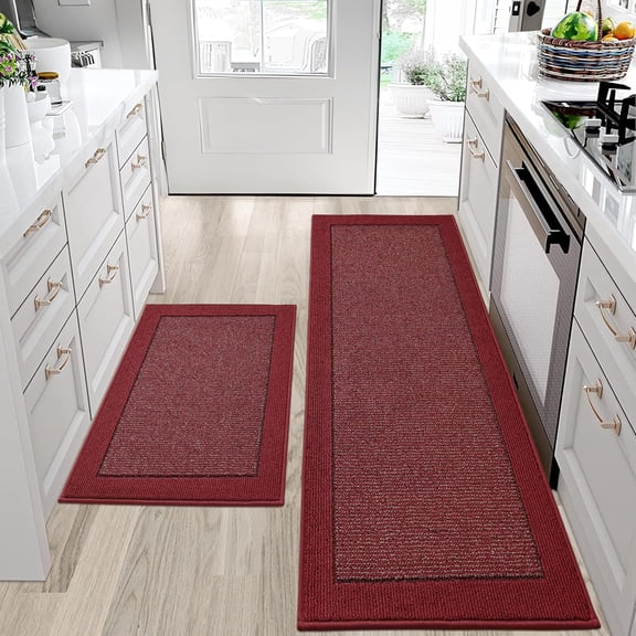 Kitchen Rugs and Mats Set of 2 Non-Slip Kitchen Mats for Floor, Absorbent and Stain Resistant Kitchen Runner, Machine Washable Rugs for Kitchen, Laundry & Sink, 24"x36"+24"x60", Red