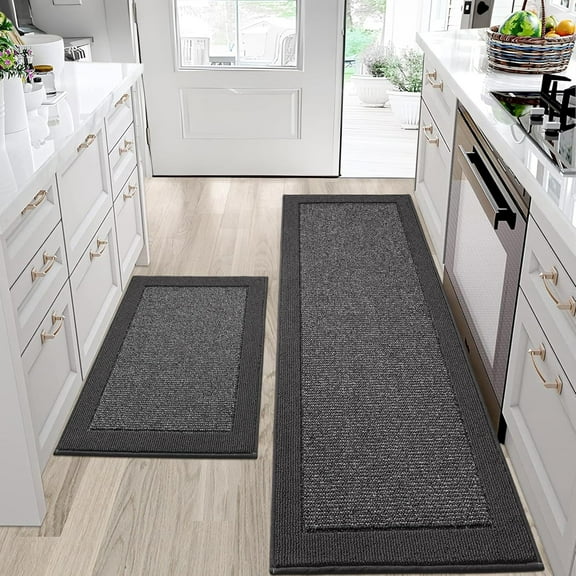 Kitchen Rugs and Mats Set of 2 Non-Slip Kitchen Mats for Floor, Absorbent and Stain Resistant Kitchen Runner, Machine Washable Rugs for Kitchen, Laundry & Sink, 24"x36"+24"x60", Charcoal