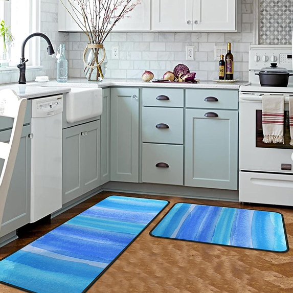 Kitchen Rugs and Mats Set 2 Pcs, Abstract Area Rug Black and Sky Blue Abstract Art Painting Non-Slip Kitchen Rug Set for Kitchen, Office, Sink 17"x47.2"+17"x30"