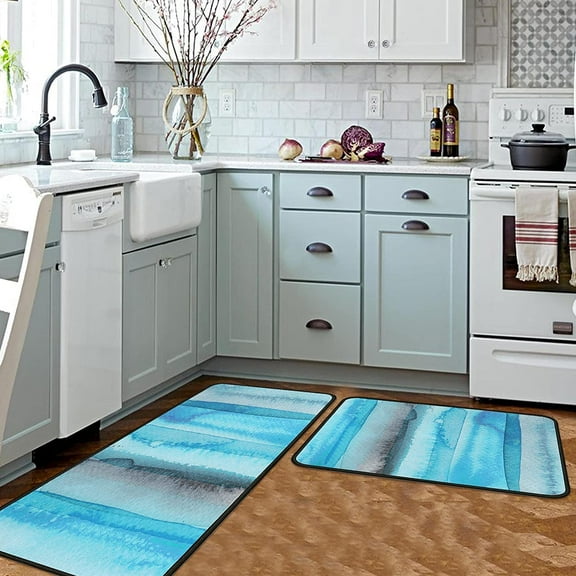 Kitchen Rugs and Mats Set 2 Pcs, Abstract Area Rug Blue and Sky Blue Abstract Art Painting Non-Slip Kitchen Rug Set for Kitchen, Office, Sink 17"x47.2"+17"x30"