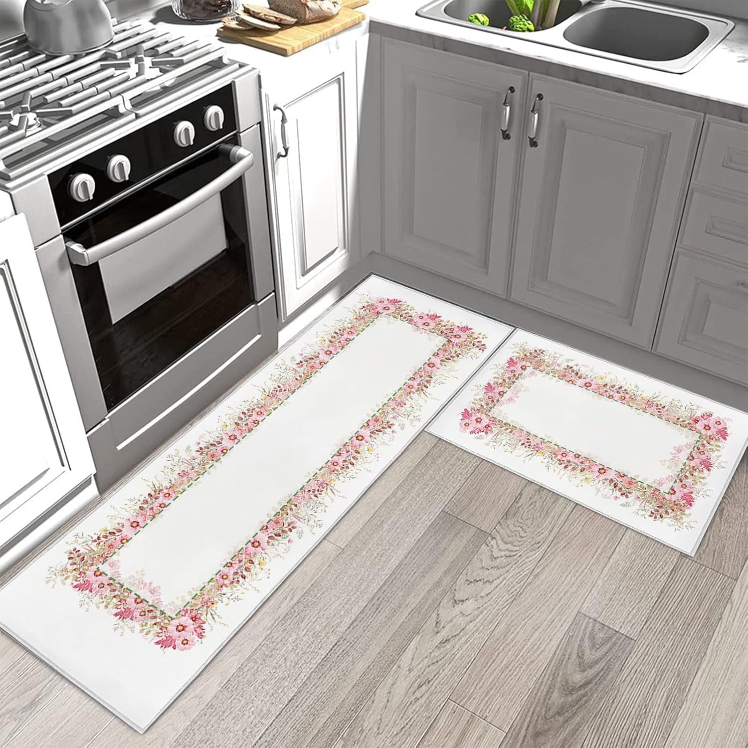 Kitchen Rugs and Mats Set of 2, Spring Pink Blossoms Flower Plant Non-Slip Floor Doormat Comfort Area Runner Rug and Mat, Pastoral Floral Indoor Entrance Carpet Home Decor