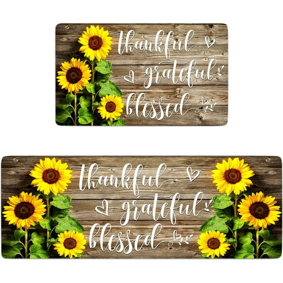 Kitchen Rugs and Mats Set of 2 Sunflower Kitchen Decor Cushioned Anti Fatigue Kitchen Rugs Set Non-Skid Washable Kitchen Floor Mats Runner Rug for Kitchen Sink Laundry (White)