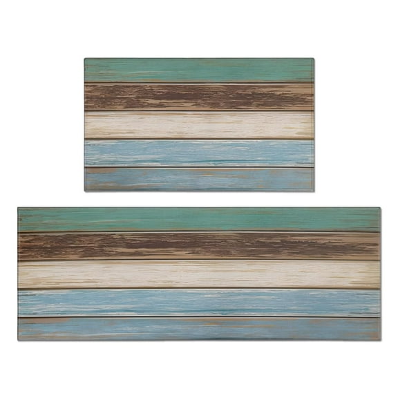 Kitchen Rugs and Mats Set of 2 Teal Farmhouse Anti Fatigue Mat Non Slip Retro Rustic Wood Texture Kitchen Mats for Floor, Bathroom, Desk, Runner, Laundry