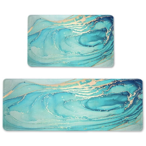 Kitchen Rugs and Mats Set of 2 Teal Marble Gold Anti Fatigue Mat Non Slip Turquoise Foam Cushioned Kitchen Mats for Floor Dining Room Home Office Sink Laundry