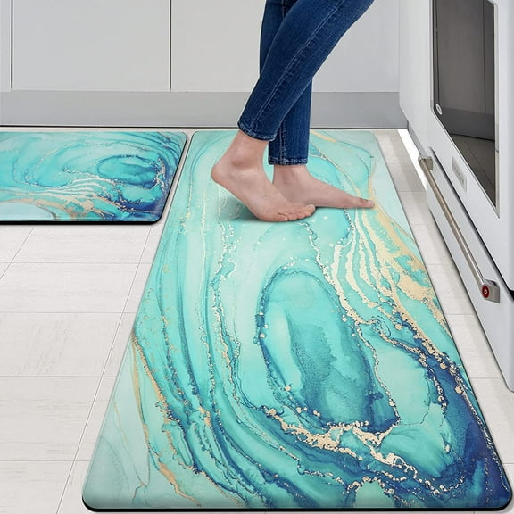 Kitchen Rugs and Mats Set of 2 Teal Marble Gold Anti Fatigue Mat PVC Non Slip Turquoise Foam Cushioned Kitchen Mats for Floor Dining Room Home Office Sink Laundry