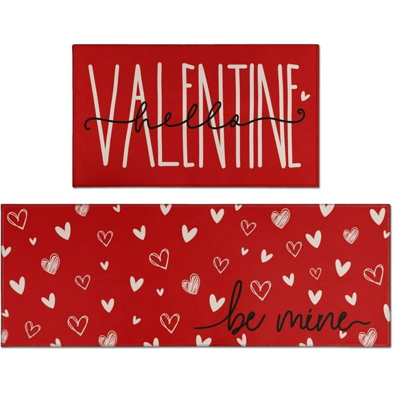 Kitchen Rugs and Mats Set of 2, Valentine''s Day Kitchen Rugs Heart Decor Non-Slip Rugs, Rubber Backed Waterproof Floor Mats for Kitchen Sink Front Set of 2, 17x30+17x47 Inches