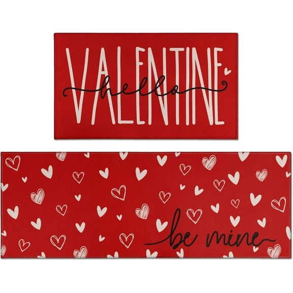 Kitchen Rugs and Mats Set of 2, Valentine''s Day Kitchen Rugs Heart Decor Non-Slip Rugs, Rubber Backed Waterproof Floor Mats for Kitchen Sink Front Set of 2, 17x30+17x47 Inches