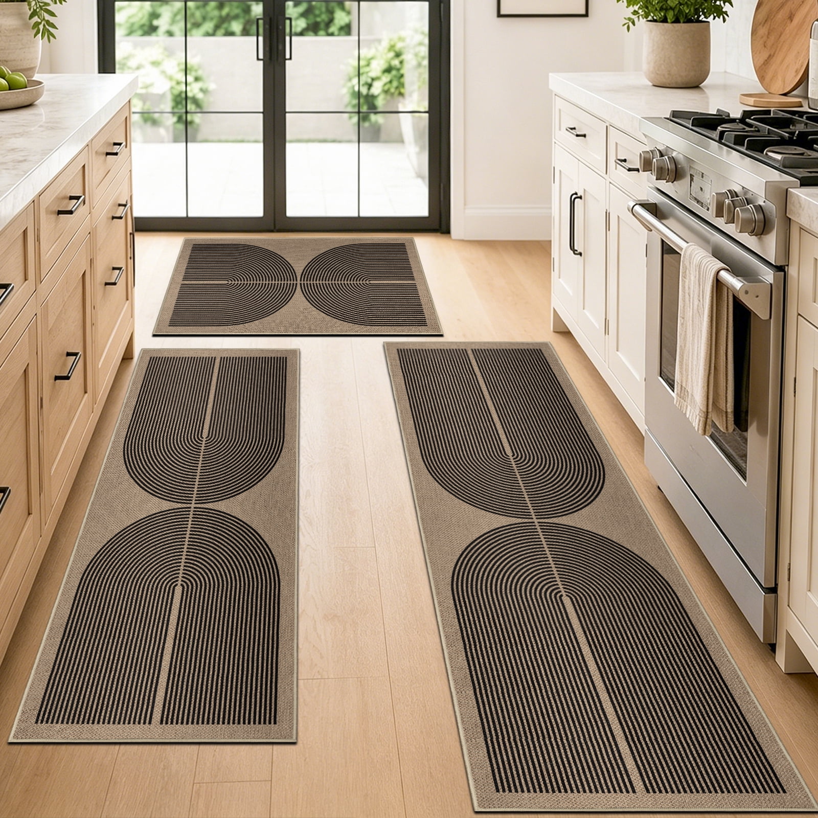 ORGOWEL Easy Jute Kitchen Rug Set of 3 Boho Modern Non-Slip Washable Floor Mat Carpet for Kitchen Sink Laundry Room Hallway, Black