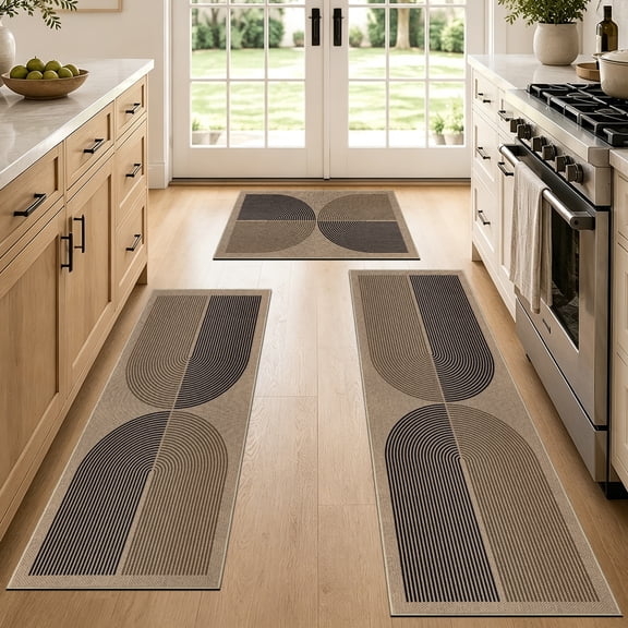 ORGOWEL Easy Jute Kitchen Rug Set of 3 Boho Modern Non-Slip Washable Floor Mat Carpet for Kitchen Sink Laundry Room Hallway, Black & Brown