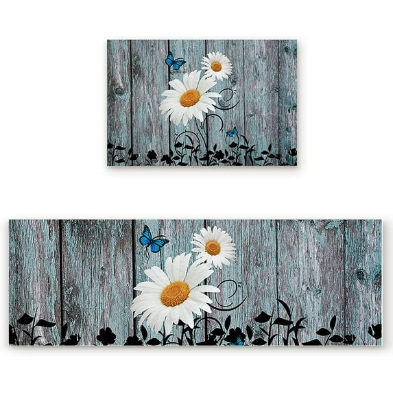 Kitchen Rugs and Mats Set Non-Slip Cushioned Anti-Fatigue Floor Mat Machine Washable 2 Pieces Rug Set Kitchen Mats,Rustic Floral Yellow Daisy Butterfly on Rustic Blue Wooden, one size