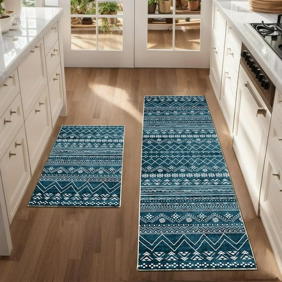 Kitchen Rugs and Mats Sets, 2 Pieces Narrow Kitchen Runner Rug Non Slip Washable Kitchen Rug for Floor Bathroom Rugs,Kitchen,Hallway,Office,Sink,Laundry,Blue