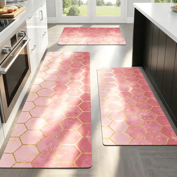 Kitchen Rugs And Mats Sets 3 Piece  Pink Cushioned Mat For Floor Non-slip Standing Desk & Runner Rug Chef Carpet Sink Laundry Room Hallway Entryway Bathroom