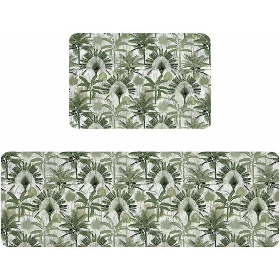 Kitchen Rugs and Mats,Summer Green Palm Trees Seamless 2 Piece Anti Fatigue Area Runner Rug Set Comfort Standing Floor Mat,Watercolor Tropical Plants Non Slip Absorbent Doormats for Laundry/Bathroom