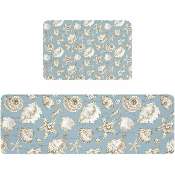 Kitchen Rugs and Mats,Summer Ocean Beach Seashells Starfish 2 Piece Anti Fatigue Area Runner Rug Set Comfort Standing Floor Mat,Retro Conch Seamless Non Slip Absorbent Doormats for Laundry/Bathroom