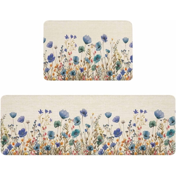 Kitchen Rugs and Mats,Watercolor Wildflowers Country Floral 2 Piece Anti Fatigue Area Runner Rug Set Comfort Standing Floor Mat,Farmhouse Vintage Linen Non Slip Absorbent Doormats for Laundry