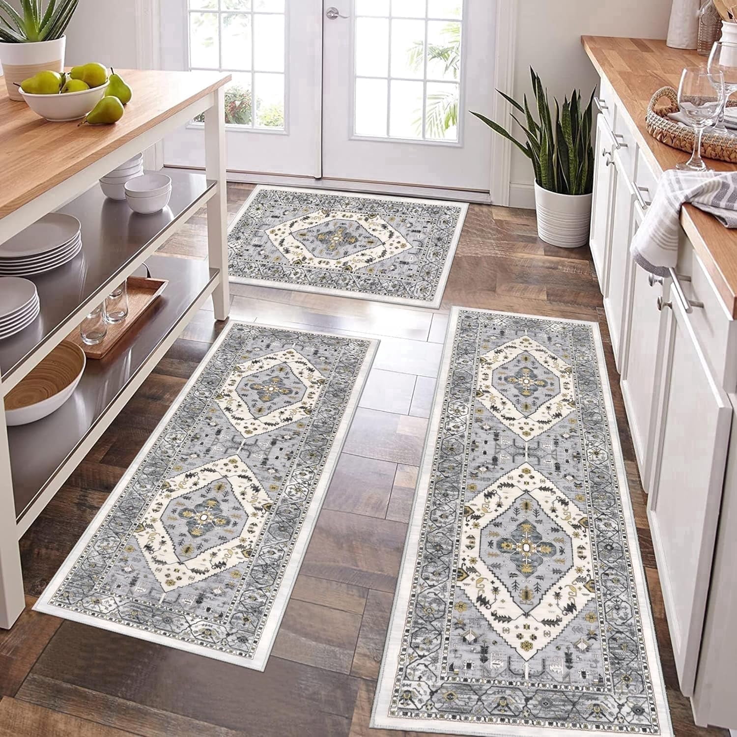 Kitchen Rugs and Mats, Yamaziot Kitchen Rug and Runners Set of 3 for Farmhouse Floor, Washable Non Slip Runner Rug for Hallway Laundry Room Carpet, 20"x32"+20"x47"+20"x59"