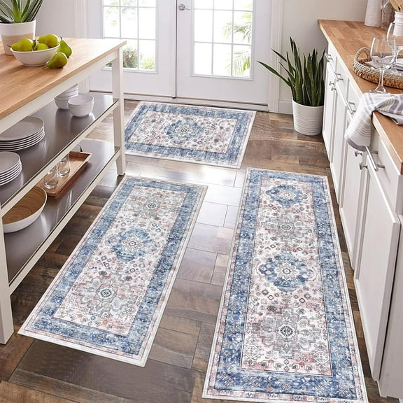 Kitchen Rugs and Mats, Yamaziot Kitchen Rug and Runners Set of 3, Anti Fatigue Mat for Floor, Washable Anti Slip Comfort Farmhouse Kitchen Runner Rug for Hallway Laundry Room Carpet, Blue