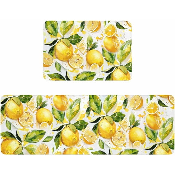 Kitchen Rugs and Mats,Yellow Lemon Green Leaves 2 Piece Anti Fatigue Area Runner Rug Set Comfort Standing Floor Mat,Summer Fruit Watercolor Plant Non Slip Absorbent Doormats for Laundry/Bathroom