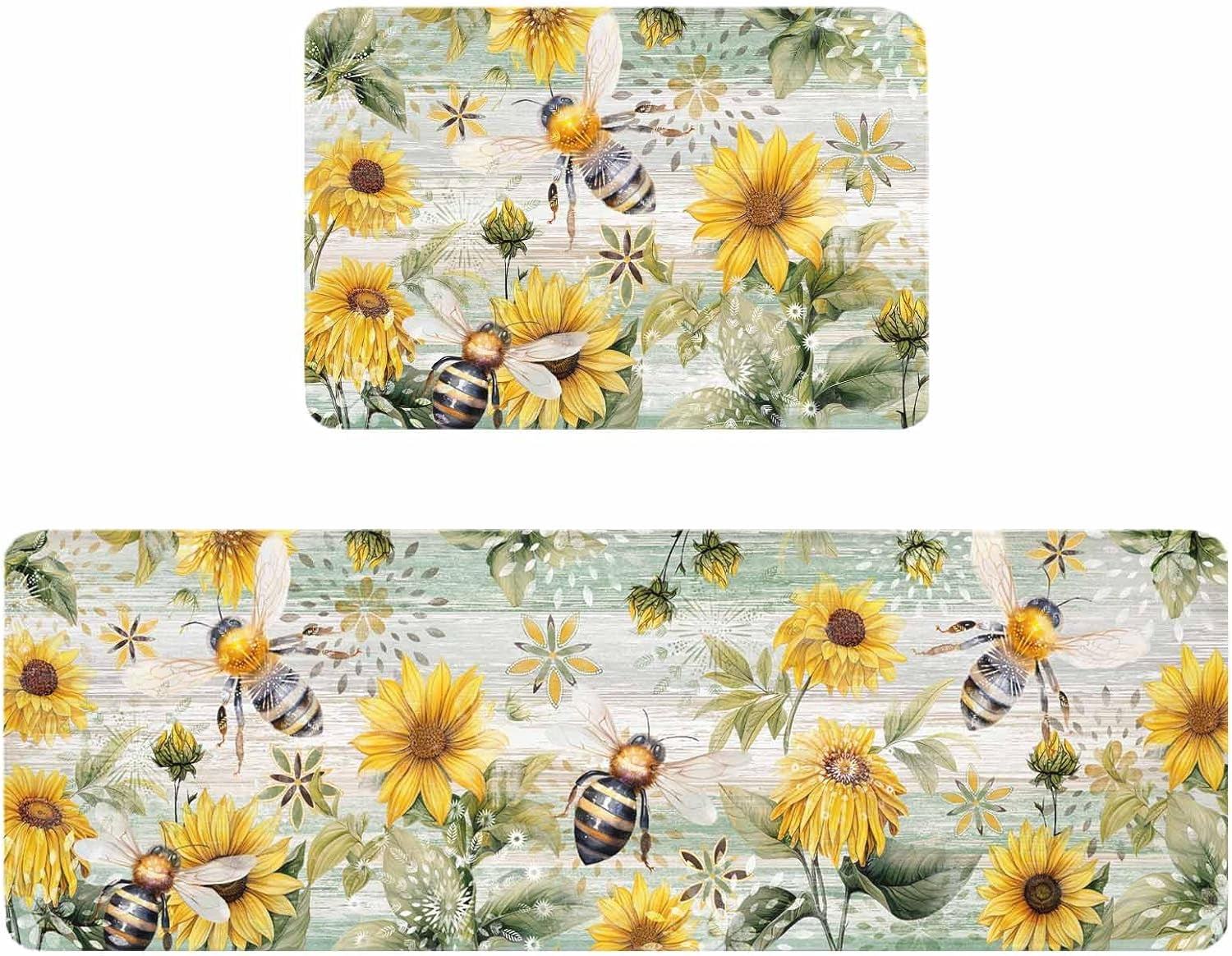 Bee Rug Runner Kitchen Rugs and Mats,Yellow Sunflower Bee Country Botanical 2 Piece ...