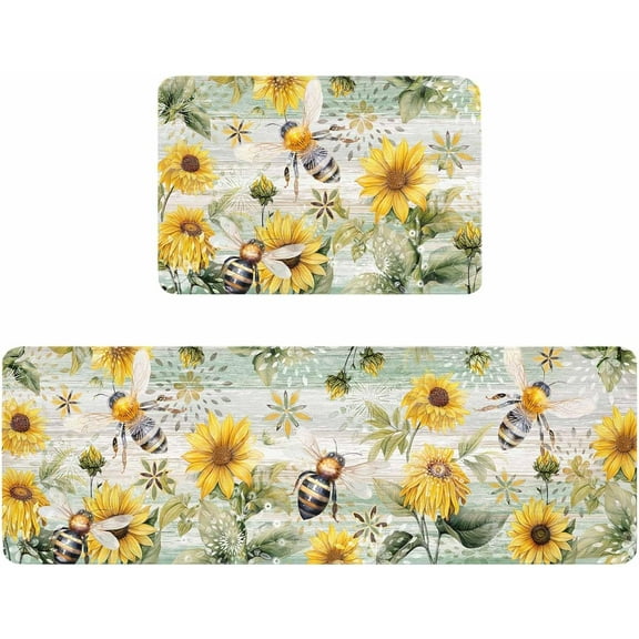 Kitchen Rugs and Mats,Yellow Sunflower Bee Country Botanical 2 Piece Anti Fatigue Area Runner Rug Set Comfort Standing Floor Mat,Farm Green Rustic Plank Non Slip Absorbent Doormats for Laundry