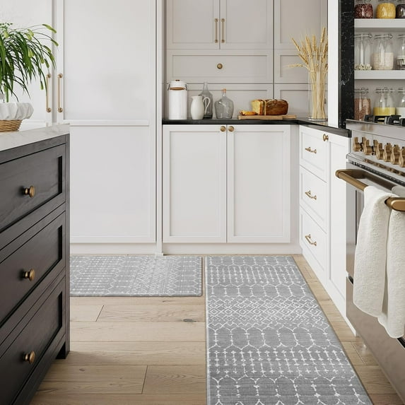 Kitchen Rugs Non Slip, Cushioned Kitchen Floor Mats Set of 2, Grey Anti-Fatigue Kitchen Mat Waterproof, Ergonomic Memory Foam Standing Mat for Bar,Office,Desk,Laundry