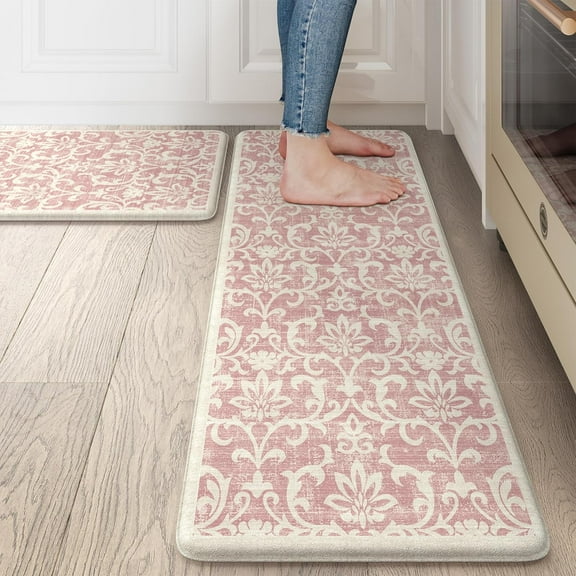 Kitchen Rugs Non Slip, Cushioned Kitchen Floor Mats Set of 2, Pink Anti-Fatigue Kitchen Mat Waterproof, Ergonomic Memory Foam Standing Mat for Bar,Office,Desk,Laundry