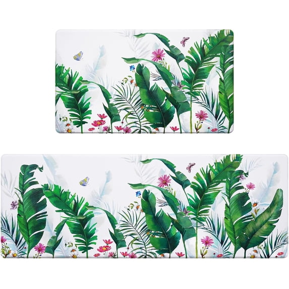 Kitchen Rugs Non Slip Washable Anti Fatigue Kitchen Mats for Floor Tropical Leaves Floral Kitchen Rugs and Mats, Boho PVC Standing Rugs for Kitchen Floor, Office, Sink 18''''x30''''+18''''x48''''