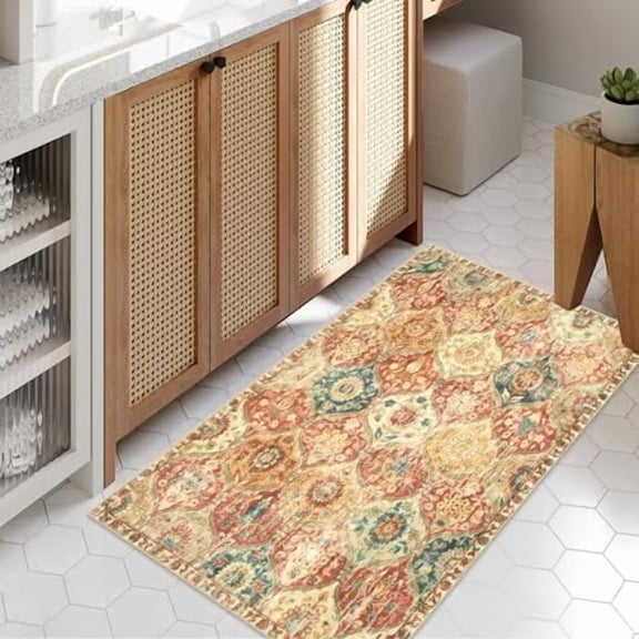 Kitchen Rugs Non Slip Washable Rugs for Entryway, 2x4 Rug Non-Slip Moroccan Trellis Ultra-Thin Indoor Door Mat Small Carpet for Bathroom Bedroom Entry, Red/Orange