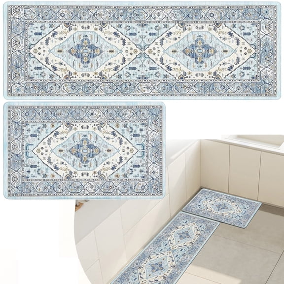 Kitchen Rugs, Yamaziot Anti Fatigue Standing Mat for Floor, Boho Memory Foam Non Slip Rugs and Runners, Waterproof Laundry Room Sink Rug, 18"x30"+18"x48"