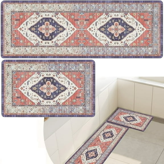 Kitchen Rugs Runner Set 2, Yamaziot Anti Fatigue Kitchen Standing Mat for Floor, Boho Memory Foam Non Slip Rugs and Runners, Waterproof Laundry Sink Rug, 18"x30" + 18"x48"