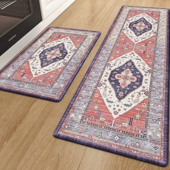 Kitchen Rugs, Yamaziot Anti Fatigue Standing Mat for Floor, Boho Memory Foam Non Slip Rugs and Runners, Waterproof Laundry Room Sink Rug, 18"x30"+18"x48"