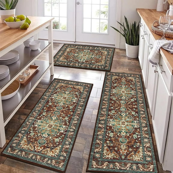 Kitchen Rug and Mat, Yamaziot Boho Kitchen Runner Rug Set of 3, Non Slip Washable Farmhouse Mat for Hallway Floor, Laundry Room