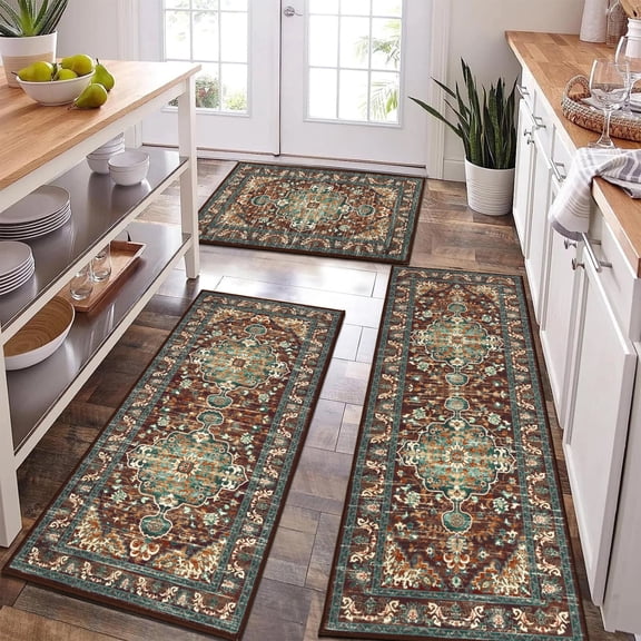Kitchen Rug and Mat, Yamaziot Boho Kitchen Runner Rug Set of 3, Non Slip Washable Farmhouse Runner for Hallway, Laundry Room
