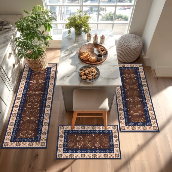 Yamaziot Kitchen Rugs Set of 3 Non Skid Kitchen Runner Farmhouse Floor Mats Washable, Vintage Persian Boho Kilim Tribal Carpet