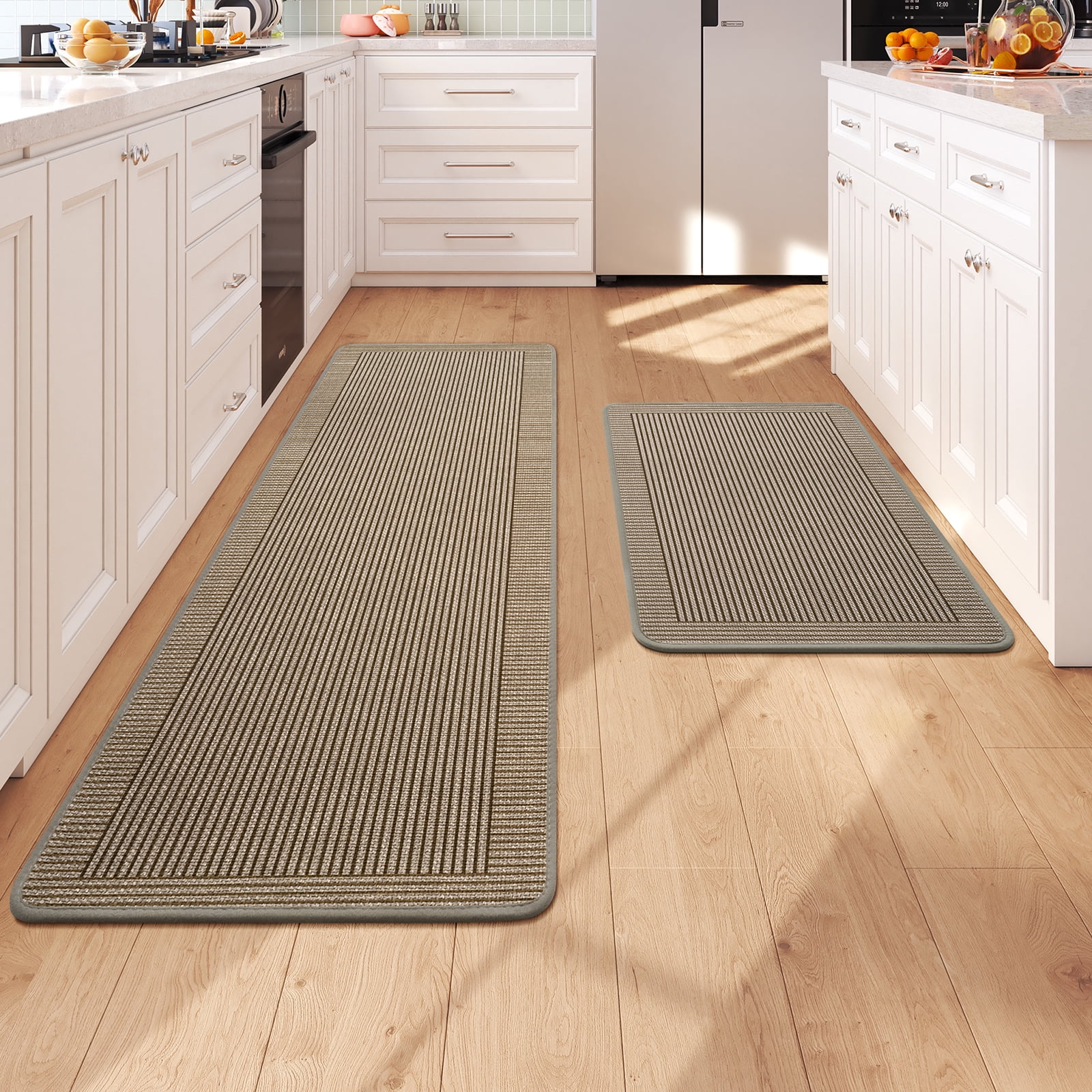 QiCaiJia Kitchen Rugs Set of 2, 17''x30''+17''x59'' Brown Kitchen Mats for Floor, Washable Non Slip Absorbent Kitchen Mat, Braided Kitchen Runner Rug, Kitchen Sink Rug