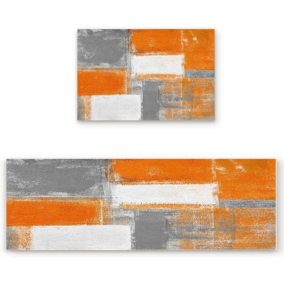 Kitchen Rugs Set of 2 Abstract Art Oil Painting Kitchen Mats Rugs Non Skid Washable Anti Fatiguee Farmhouse Orange Geometric Doormat Carpet for Bedroom Bathroom Living Room 19.7x31.5in+19.7x47.2in