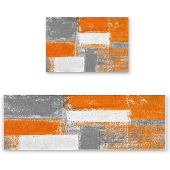 Kitchen Rugs Set of 2 Abstract Art Oil Painting Kitchen Mats Rugs Non Skid Washable Anti Fatiguee Farmhouse Orange Geometric Doormat Carpet for Bedroom Bathroom Living Room 19.7x31.5in+19.7x47.2in