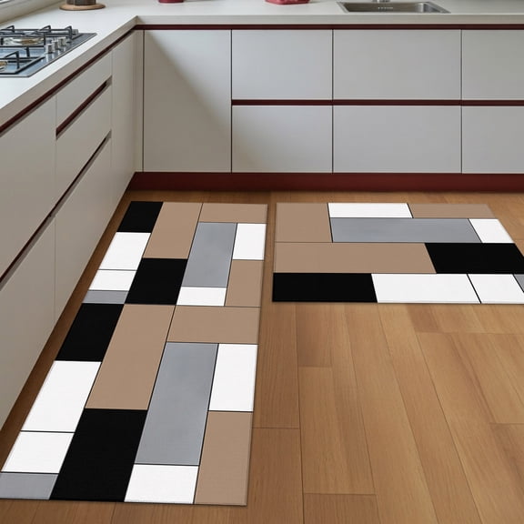 Kitchen Rugs Set of 2 Abstract Geometric Block Pattern Non Slip Washable Kitchen Mats for Floor Brown White Gray Decorative Runner Rug Set for Kitchen Floor, Laundry Room Bathroom Home Decor