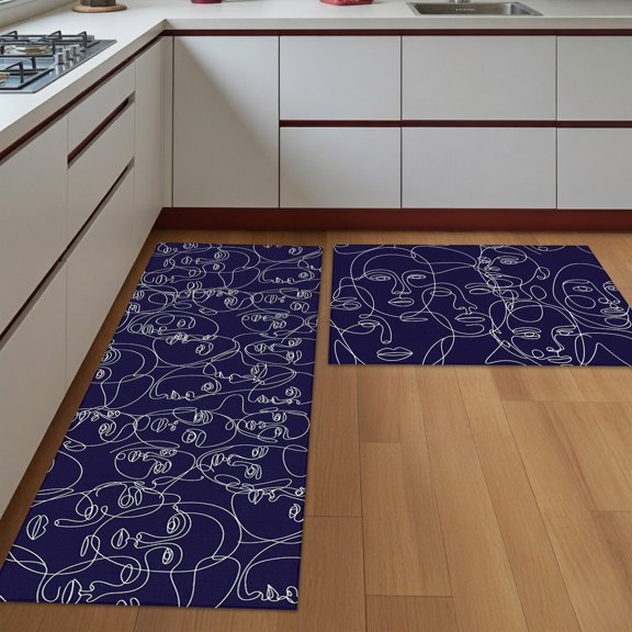 Kitchen Rugs Set of 2 Abstract Human Face Non Slip Washable Kitchen Mats for Floor Portrait Lines Blue Decorative Runner Rug Set for Kitchen Floor, Laundry Room Bathroom Home Decor