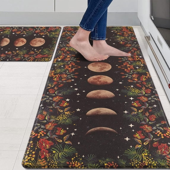 Kitchen Rugs Set of 2, Anti Fatigue Kitchen Mats for Floor, Waterproof Non-Skid Washable Kitchen Mats, Black Boho Floral Kitchen Rug Set, Moon Phase Flowers Kitchen Rugs, 17.3"x47"+17.3"x30"