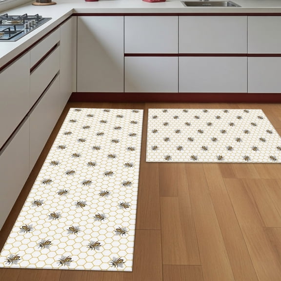 Kitchen Rugs Set of 2 Bee Hive Non Slip Washable Kitchen Mats for Floor Spring Pastoral Lines Decorative Runner Rug Set for Kitchen Floor, Laundry Room Bathroom Home Decor