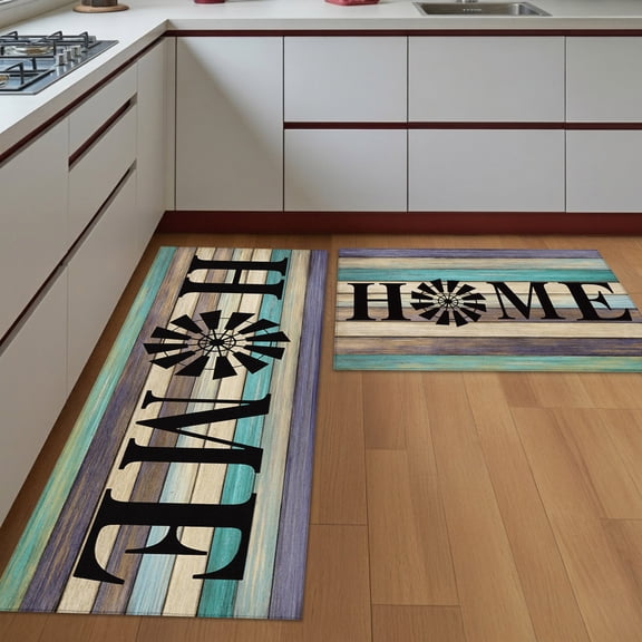 Kitchen Rugs Set of 2 Black Windmill HOME Non Slip Washable Kitchen Mats for Floor Farmhouse Brown Green Wood Texture Decorative Runner Rug Set for Kitchen Floor, Laundry Room Bathroom Home Decor
