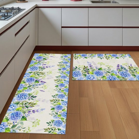 Kitchen Rugs Set of 2 Boho Floral Blue Hydrangea Non Slip Washable Kitchen Mats for Floor Rustic Botanical Purple Lavender Runner Rug Set for Kitchen Floor, Laundry Room Bathroom Home Decor