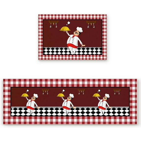 Kitchen Rugs Set of 2 Cartoon Chef Buffalo Plaid Kitchen Mats Rugs Non Skid Washable Anti Fatiguee Kitchen Theme Doormat Carpet for Bedroom Bathroom Living Room 19.7x31.5in+19.7x47.2in