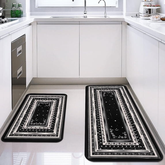 Kitchen Rugs Set of 2, Cushioned Anti-Fatigue Kitchen Mats for Floor, Pet Rug Soft Absorbent Boho Kitchen Rugs Set for Bathroom, Sink, Office, Laundry, 17.3× 47 + 17.3× 30 Black