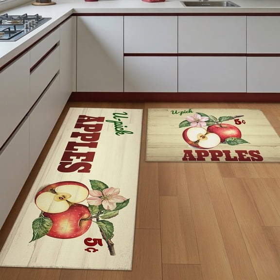 Kitchen Rugs Set of 2 Farm Apples Non Slip Washable Kitchen Mats for Floor Fruit Vintage Wood Grain Decorative Runner Rug Set for Kitchen Floor, Laundry Room Bathroom Home Decor