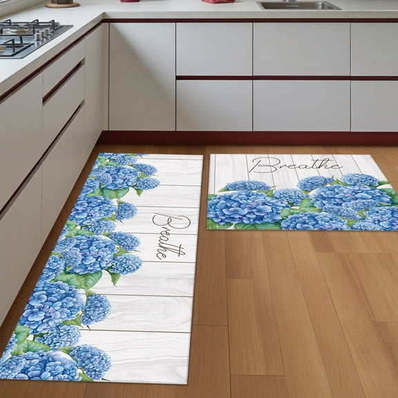 Kitchen Rugs Set of 2 Farmhouse Floral Non Slip Washable Kitchen Mats for Floor Inspirational Quote Breathe Hydrangeas Decorative Runner Rug Set for Kitchen Floor, Laundry Room Bathroom Home Decor
