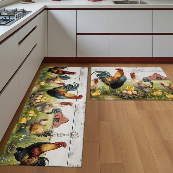 Kitchen Rugs Set of 2 Farmhouse Rooster Hen Non Slip Washable Kitchen Mats for Floor Nature Red Bern Yellow Chicks Woo Decorative Runner Rug Set for Kitchen Floor, Laundry Room Bathroom Home Decor